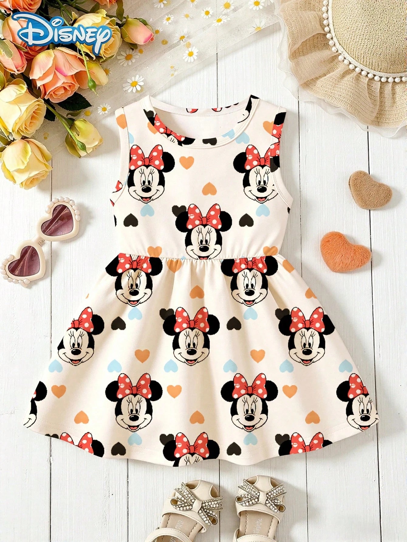 Disney Summer Baby Girls Minnie Heart Print Cute Sleeveless Casual Dress, Children Beach Holiday Heart Full Print Flared Skirt Versatile Dress
