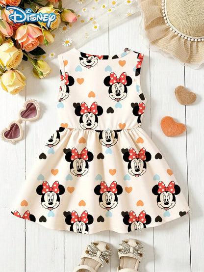 Disney Summer Baby Girls Minnie Heart Print Cute Sleeveless Casual Dress, Children Beach Holiday Heart Full Print Flared Skirt Versatile Dress