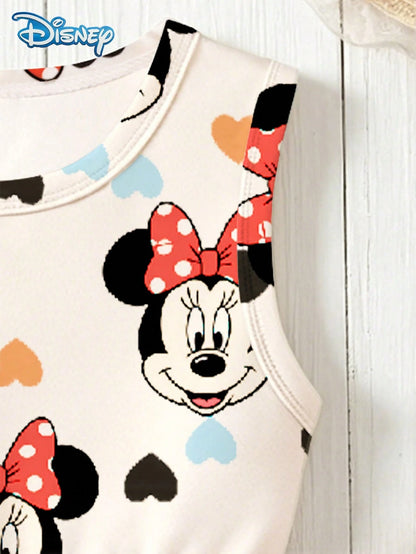 Disney Summer Baby Girls Minnie Heart Print Cute Sleeveless Casual Dress, Children Beach Holiday Heart Full Print Flared Skirt Versatile Dress