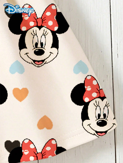 Disney Summer Baby Girls Minnie Heart Print Cute Sleeveless Casual Dress, Children Beach Holiday Heart Full Print Flared Skirt Versatile Dress