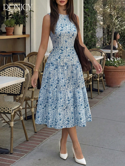 DONICY Women's Elegant Blue Floral Sleeveless Midi Dress- Round Neck Design, Layered A-Line Cut, Flowing Hem, Lightweight Breathable Fabric