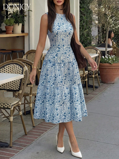 DONICY Women's Elegant Blue Floral Sleeveless Midi Dress- Round Neck Design, Layered A-Line Cut, Flowing Hem, Lightweight Breathable Fabric