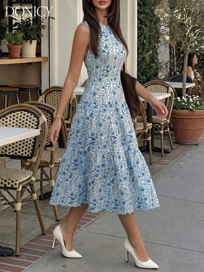 DONICY Women's Elegant Blue Floral Sleeveless Midi Dress- Round Neck Design, Layered A-Line Cut, Flowing Hem, Lightweight Breathable Fabric