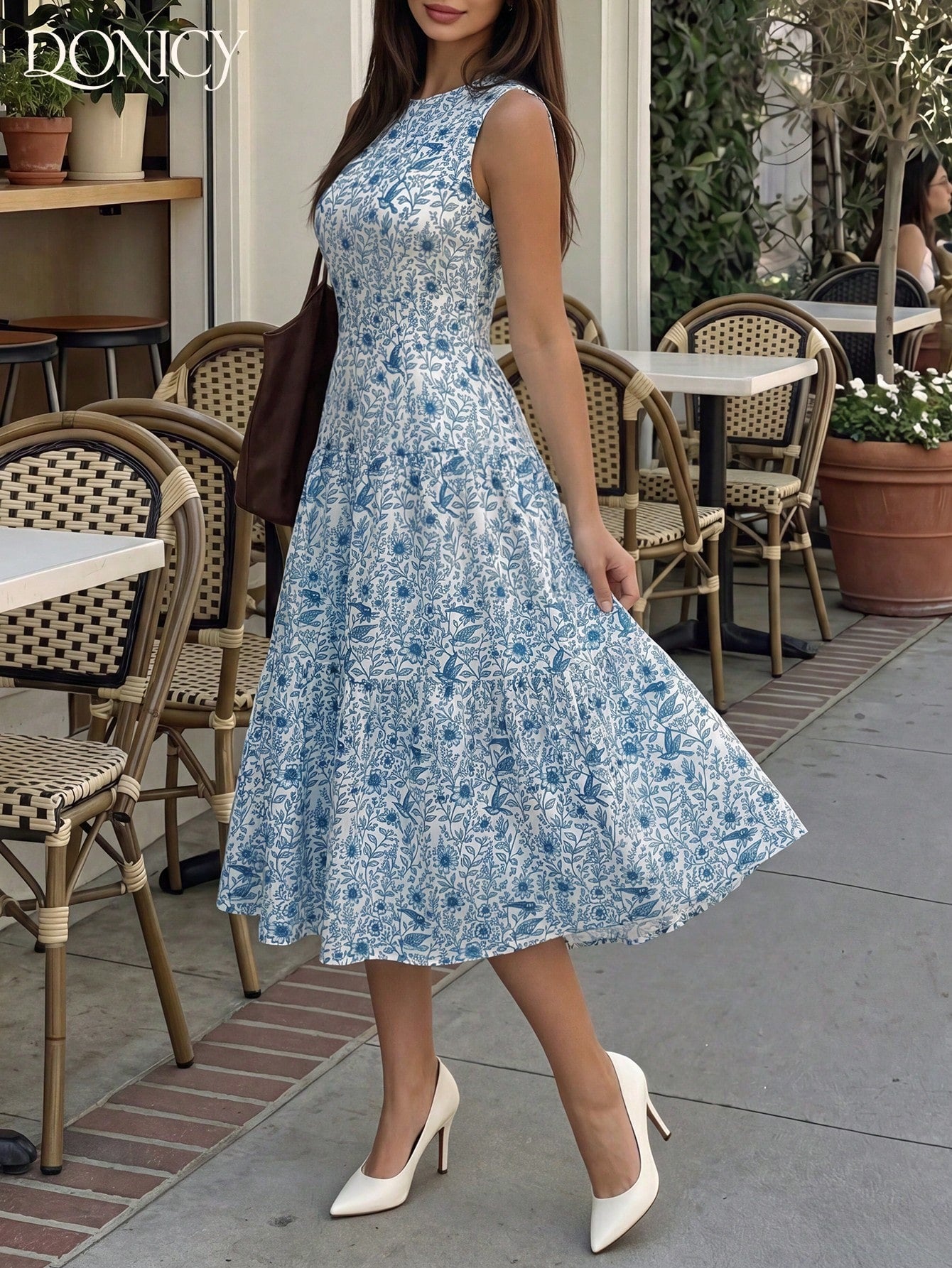 DONICY Women's Elegant Blue Floral Sleeveless Midi Dress- Round Neck Design, Layered A-Line Cut, Flowing Hem, Lightweight Breathable Fabric