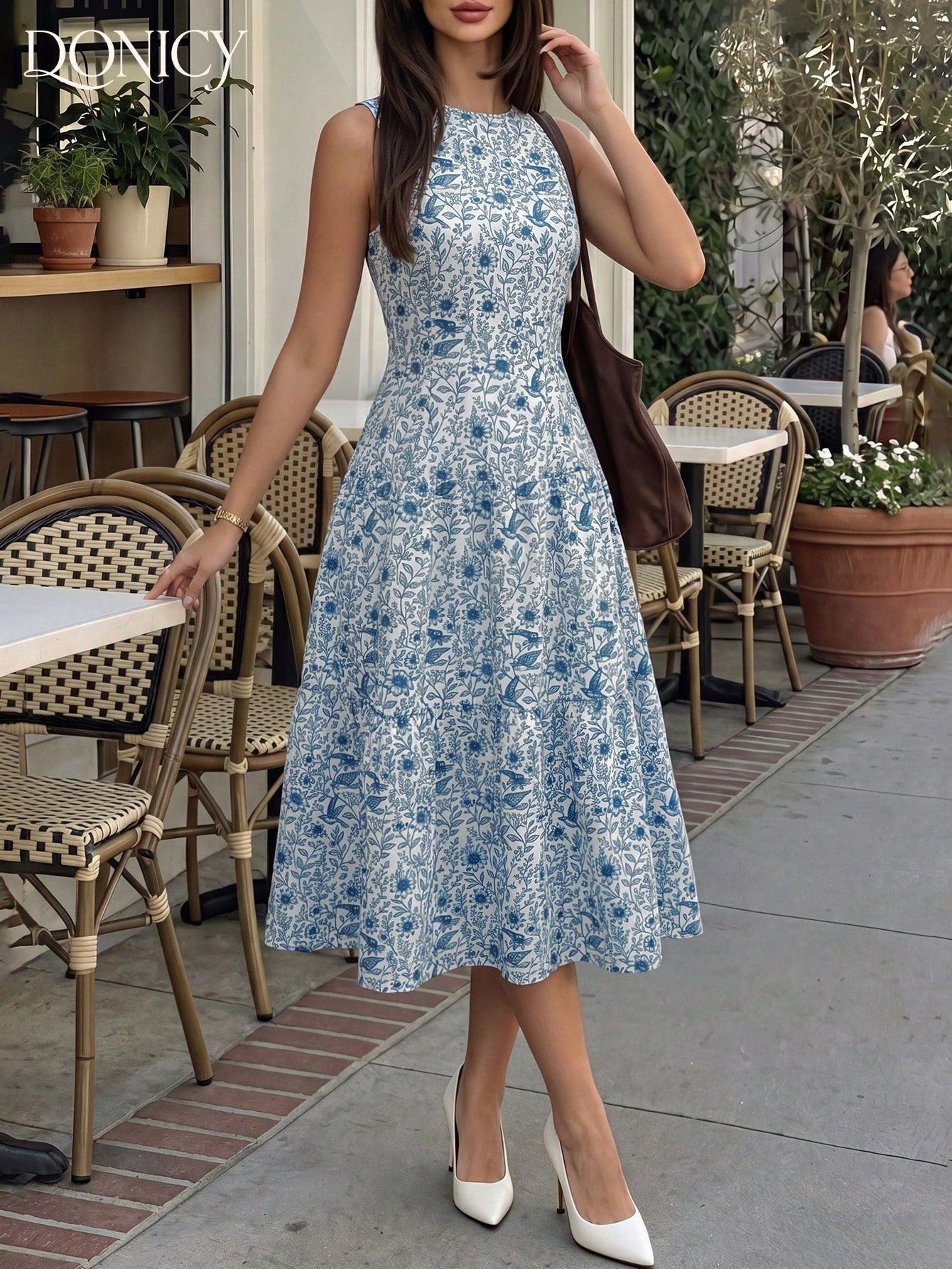 DONICY Women's Elegant Blue Floral Sleeveless Midi Dress- Round Neck Design, Layered A-Line Cut, Flowing Hem, Lightweight Breathable Fabric