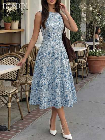 DONICY Women's Elegant Blue Floral Sleeveless Midi Dress- Round Neck Design, Layered A-Line Cut, Flowing Hem, Lightweight Breathable Fabric