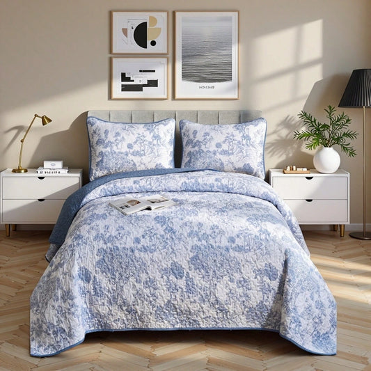 Draelibor 3 Pieces Boho Botanical Leaves Flower Quilt Set, Blue Sketch Tree Full Queen King Size Bedspread Set Soft Microfiber Coverlet For All Season, Home Decor Room Decor For Mother's Day Christmas