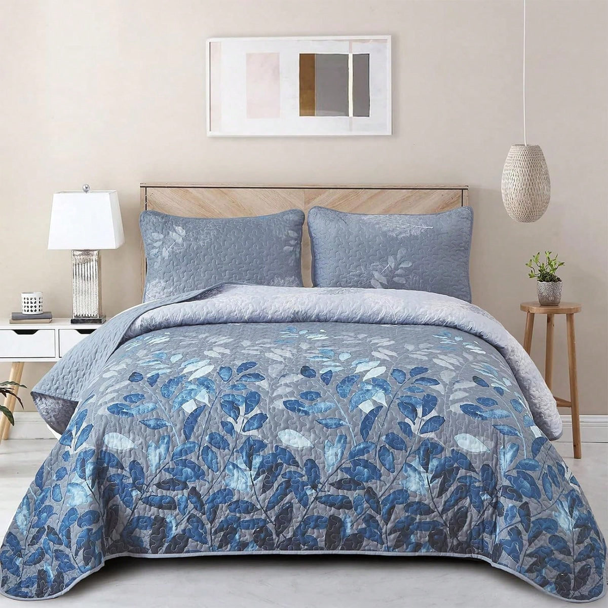 Draelibor 3 Pieces Boho Botanical Leaves Flower Quilt Set, Blue Sketch Tree Full Queen King Size Bedspread Set Soft Microfiber Coverlet For All Season, Home Decor Room Decor For Mother's Day Christmas