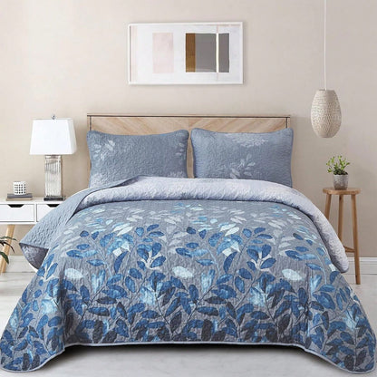 Draelibor 3 Pieces Boho Botanical Leaves Flower Quilt Set, Blue Sketch Tree Full Queen King Size Bedspread Set Soft Microfiber Coverlet For All Season, Home Decor Room Decor For Mother's Day Christmas