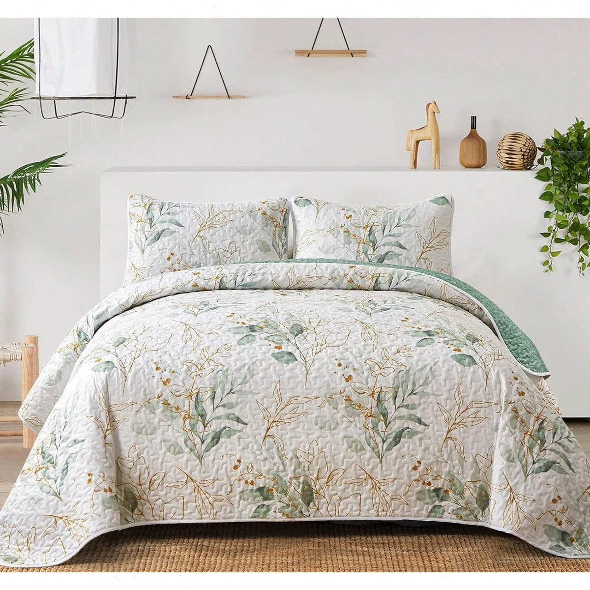 Draelibor 3 Pieces Boho Botanical Leaves Flower Quilt Set, Blue Sketch Tree Full Queen King Size Bedspread Set Soft Microfiber Coverlet For All Season, Home Decor Room Decor For Mother's Day Christmas