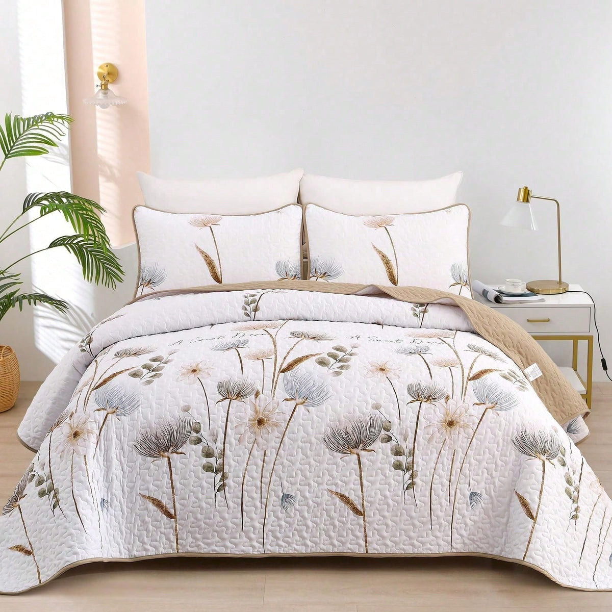 Draelibor 3 Pieces Boho Botanical Leaves Flower Quilt Set, Blue Sketch Tree Full Queen King Size Bedspread Set Soft Microfiber Coverlet For All Season, Home Decor Room Decor For Mother's Day Christmas