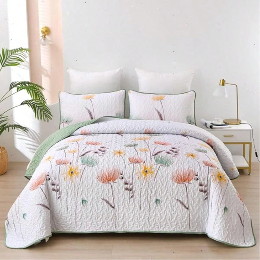 Draelibor 3 Pieces Boho Botanical Leaves Flower Quilt Set, Blue Sketch Tree Full Queen King Size Bedspread Set Soft Microfiber Coverlet For All Season, Home Decor Room Decor For Mother's Day Christmas