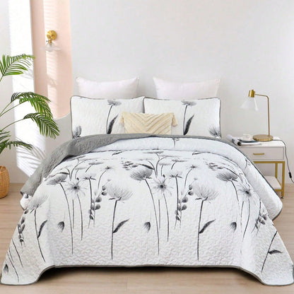 Draelibor 3 Pieces Boho Botanical Leaves Flower Quilt Set, Blue Sketch Tree Full Queen King Size Bedspread Set Soft Microfiber Coverlet For All Season, Home Decor Room Decor For Mother's Day Christmas