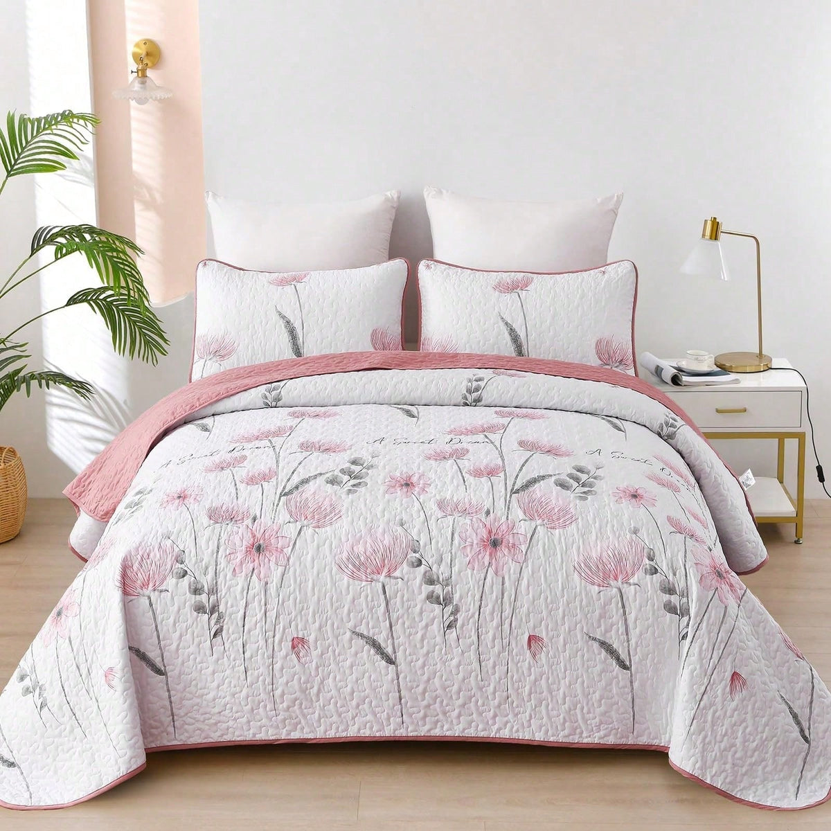 Draelibor 3 Pieces Boho Botanical Leaves Flower Quilt Set, Blue Sketch Tree Full Queen King Size Bedspread Set Soft Microfiber Coverlet For All Season, Home Decor Room Decor For Mother's Day Christmas