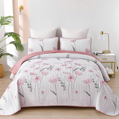 Draelibor 3 Pieces Boho Botanical Leaves Flower Quilt Set, Blue Sketch Tree Full Queen King Size Bedspread Set Soft Microfiber Coverlet For All Season, Home Decor Room Decor For Mother's Day Christmas
