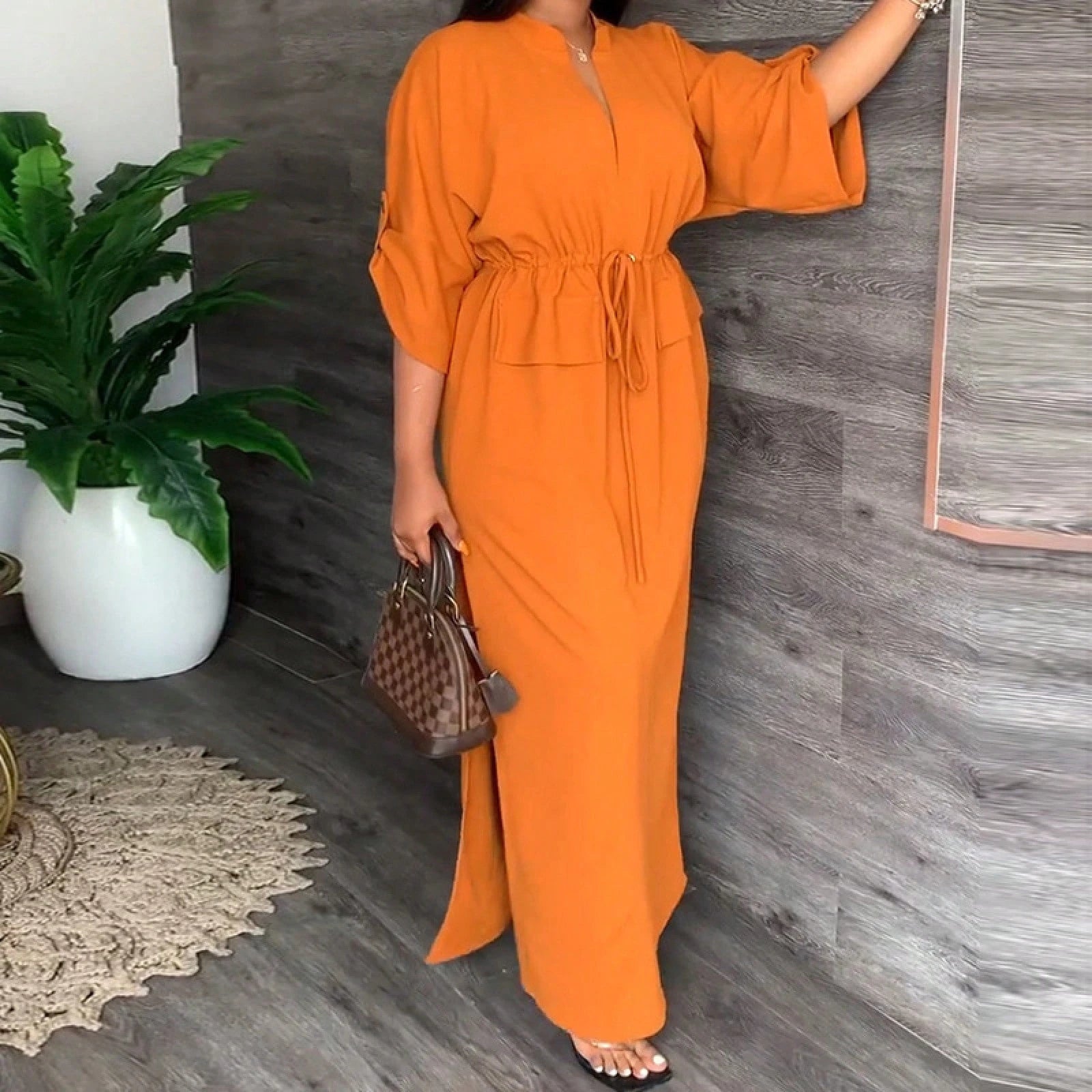 Drawstring Waist Maxi Dress, Minimal Casual Modest, Loose Batwing Sleeve Floor Fit, Daily Commute & Holiday Vacation, Front Side High Slit Self Fabric