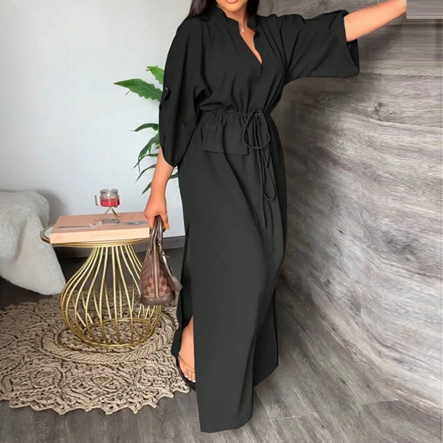 Drawstring Waist Maxi Dress, Minimal Casual Modest, Loose Batwing Sleeve Floor Fit, Daily Commute & Holiday Vacation, Front Side High Slit Self Fabric