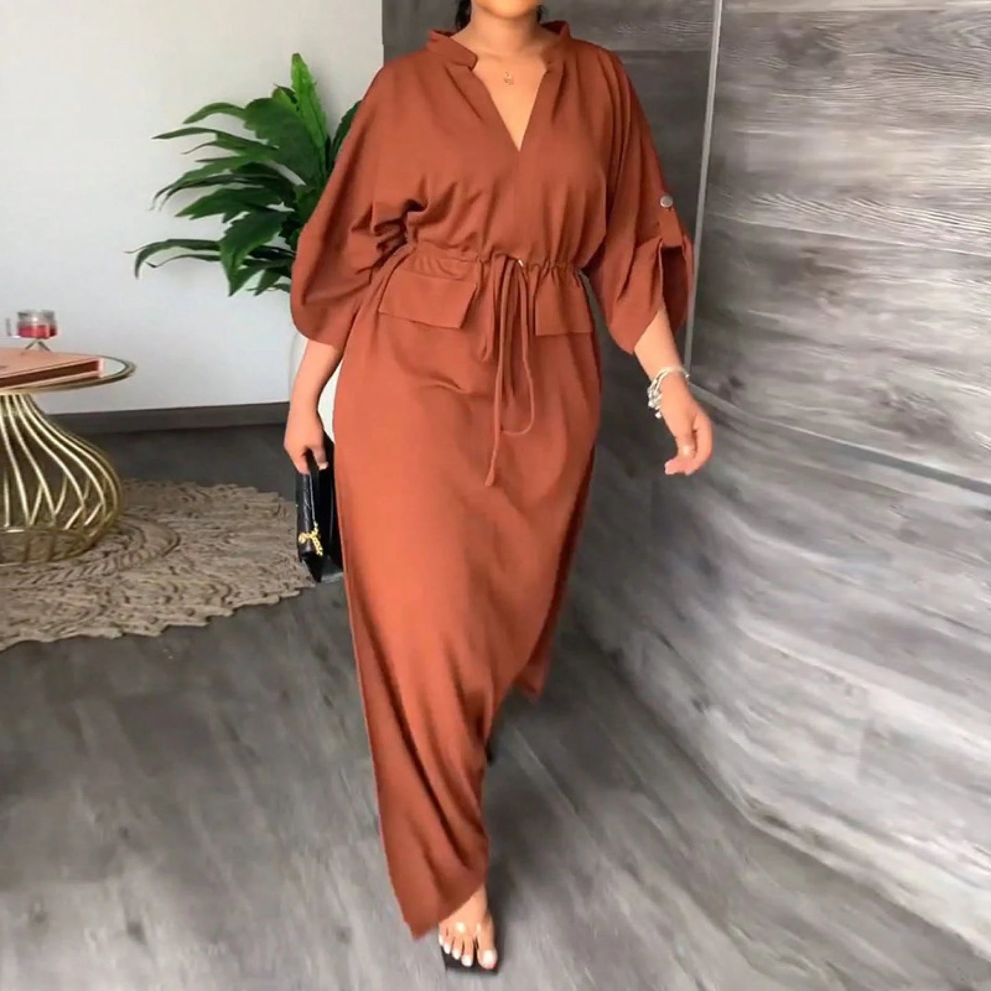 Drawstring Waist Maxi Dress, Minimal Casual Modest, Loose Batwing Sleeve Floor Fit, Daily Commute & Holiday Vacation, Front Side High Slit Self Fabric