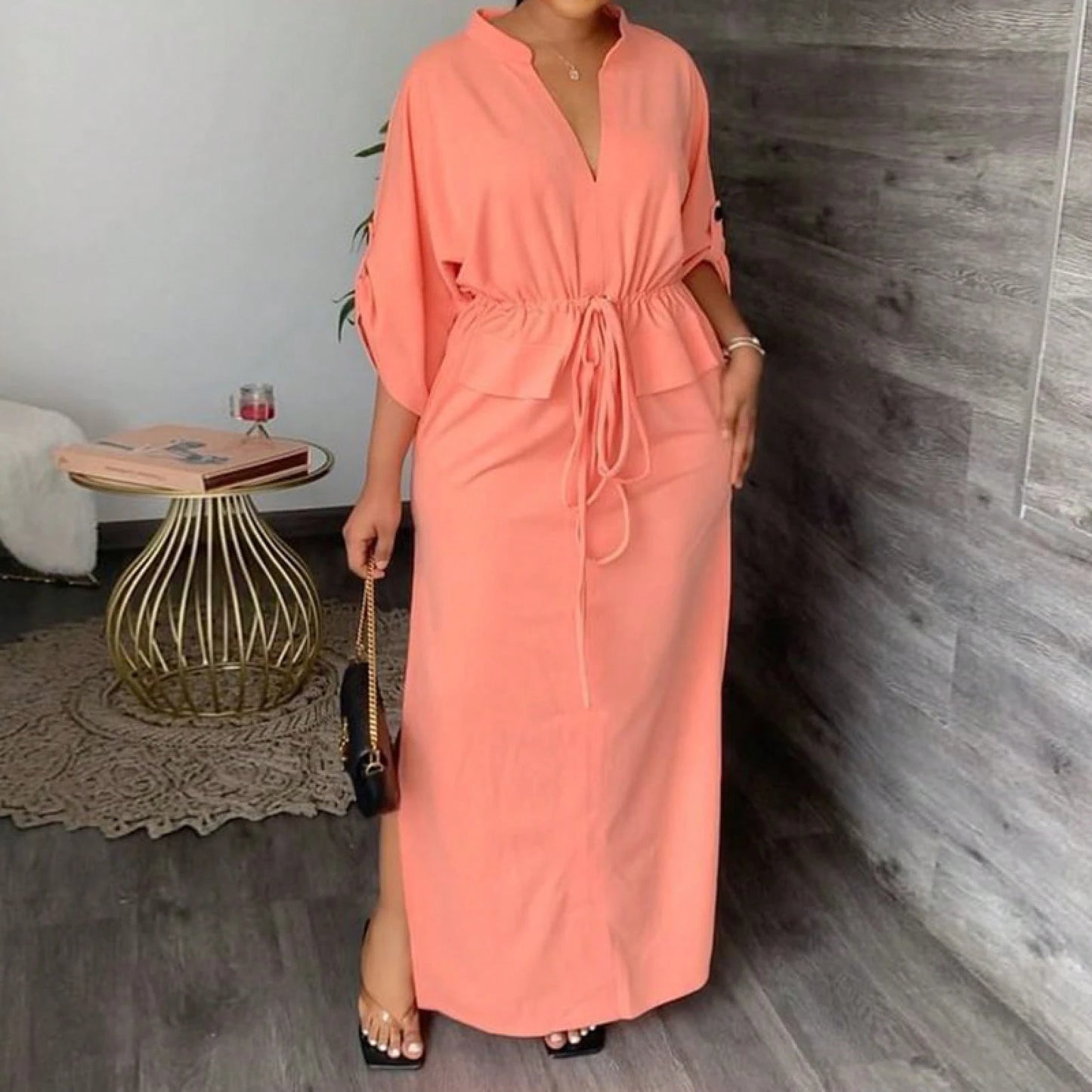 Drawstring Waist Maxi Dress, Minimal Casual Modest, Loose Batwing Sleeve Floor Fit, Daily Commute & Holiday Vacation, Front Side High Slit Self Fabric