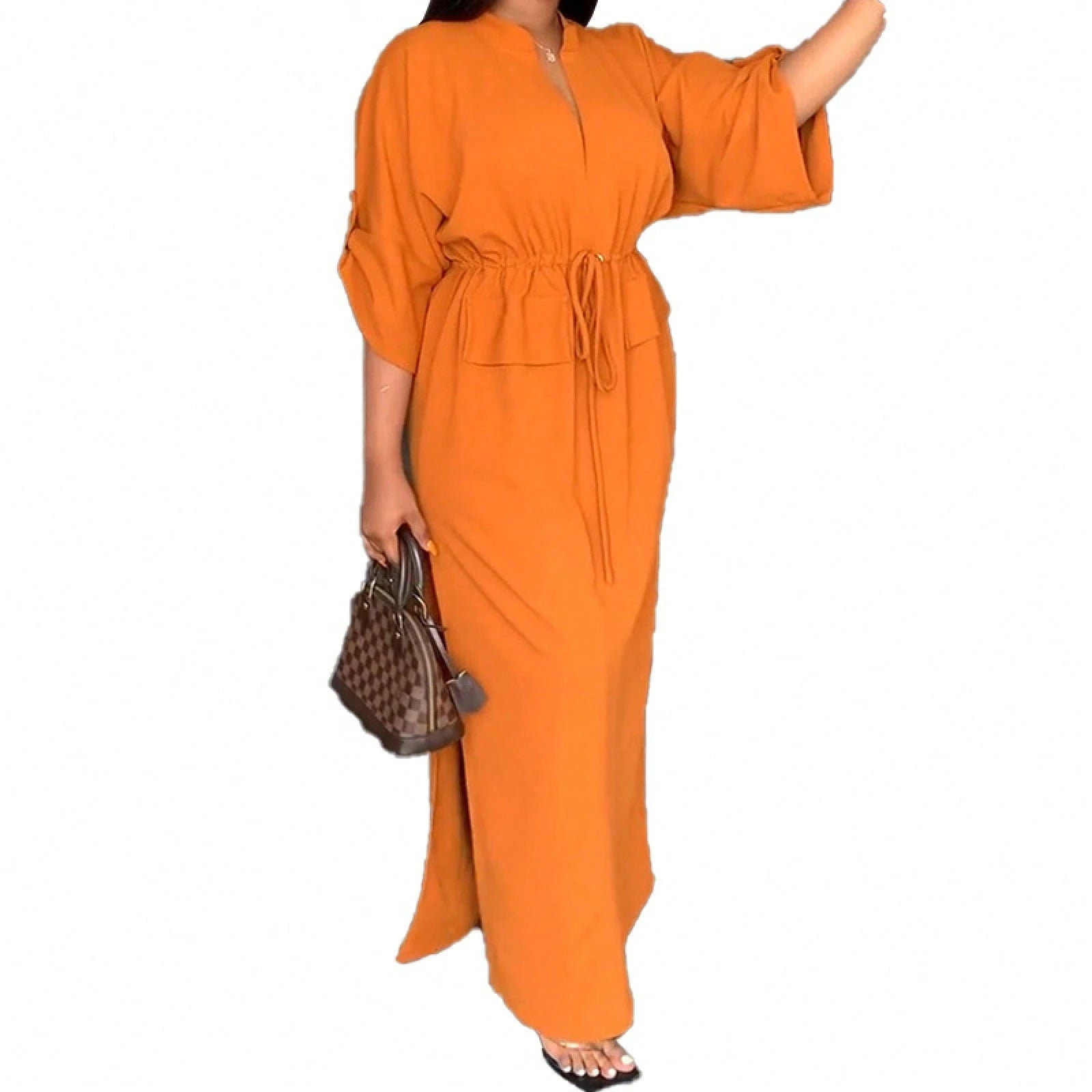 Drawstring Waist Maxi Dress, Minimal Casual Modest, Loose Batwing Sleeve Floor Fit, Daily Commute & Holiday Vacation, Front Side High Slit Self Fabric