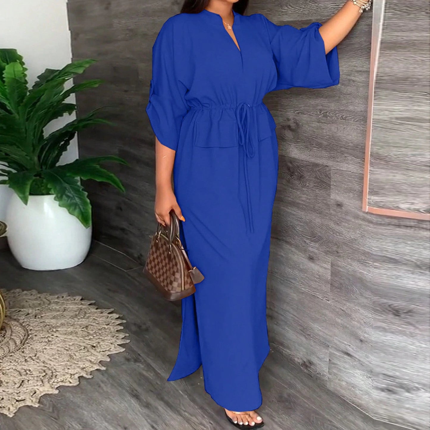 Drawstring Waist Maxi Dress, Minimal Casual Modest, Loose Batwing Sleeve Floor Fit, Daily Commute & Holiday Vacation, Front Side High Slit Self Fabric