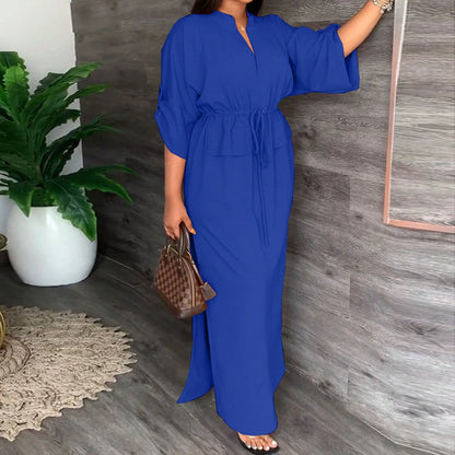 Drawstring Waist Maxi Dress, Minimal Casual Modest, Loose Batwing Sleeve Floor Fit, Daily Commute & Holiday Vacation, Front Side High Slit Self Fabric
