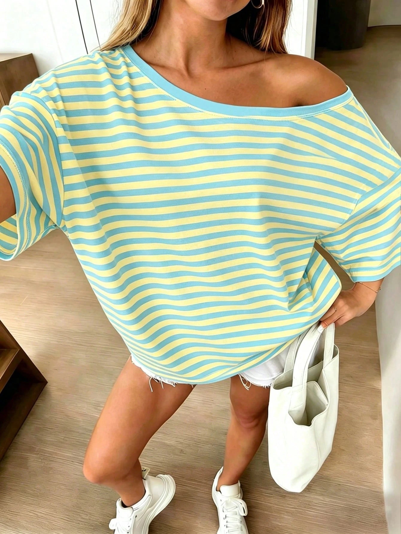 DrmWander Plus Size Women's Hot Seller Striped Classic Open Shoulder T-Shirt Fashionable Y2K Summer Casual Top