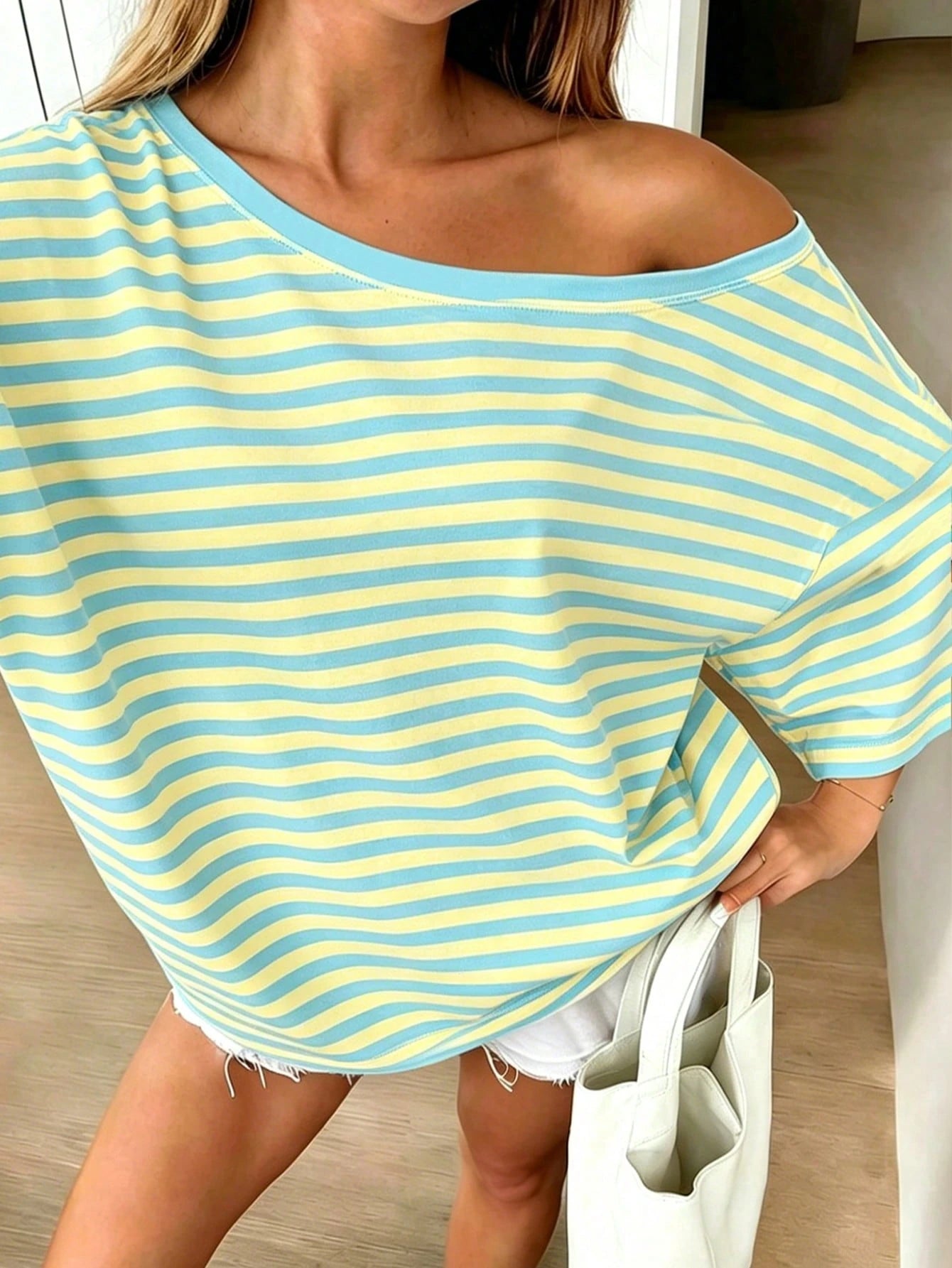 DrmWander Plus Size Women's Hot Seller Striped Classic Open Shoulder T-Shirt Fashionable Y2K Summer Casual Top