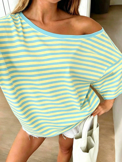 DrmWander Plus Size Women's Hot Seller Striped Classic Open Shoulder T-Shirt Fashionable Y2K Summer Casual Top