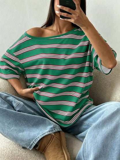 DrmWander Plus Size Women's Hot Seller Striped Classic Open Shoulder T-Shirt Fashionable Y2K Summer Casual Top