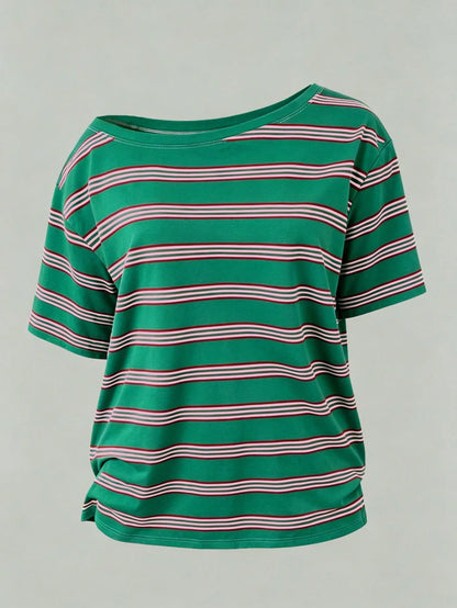 DrmWander Plus Size Women's Hot Seller Striped Classic Open Shoulder T-Shirt Fashionable Y2K Summer Casual Top