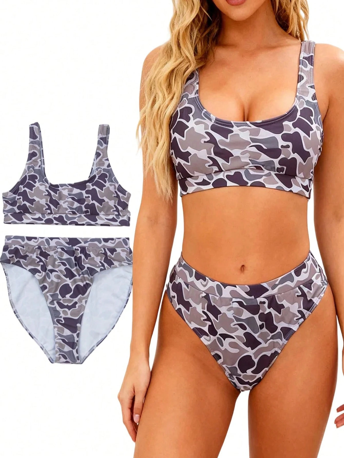 Duck Camo Printed Bikini Set- Sexy Push-Up Bra And High-Waisted Triangle Panties 2-Piece Set, Retro Fashion Swimwear For Beach Vacation & Pool Party