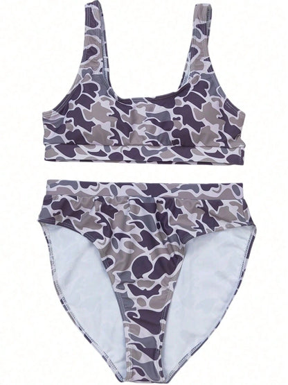 Duck Camo Printed Bikini Set- Sexy Push-Up Bra And High-Waisted Triangle Panties 2-Piece Set, Retro Fashion Swimwear For Beach Vacation & Pool Party
