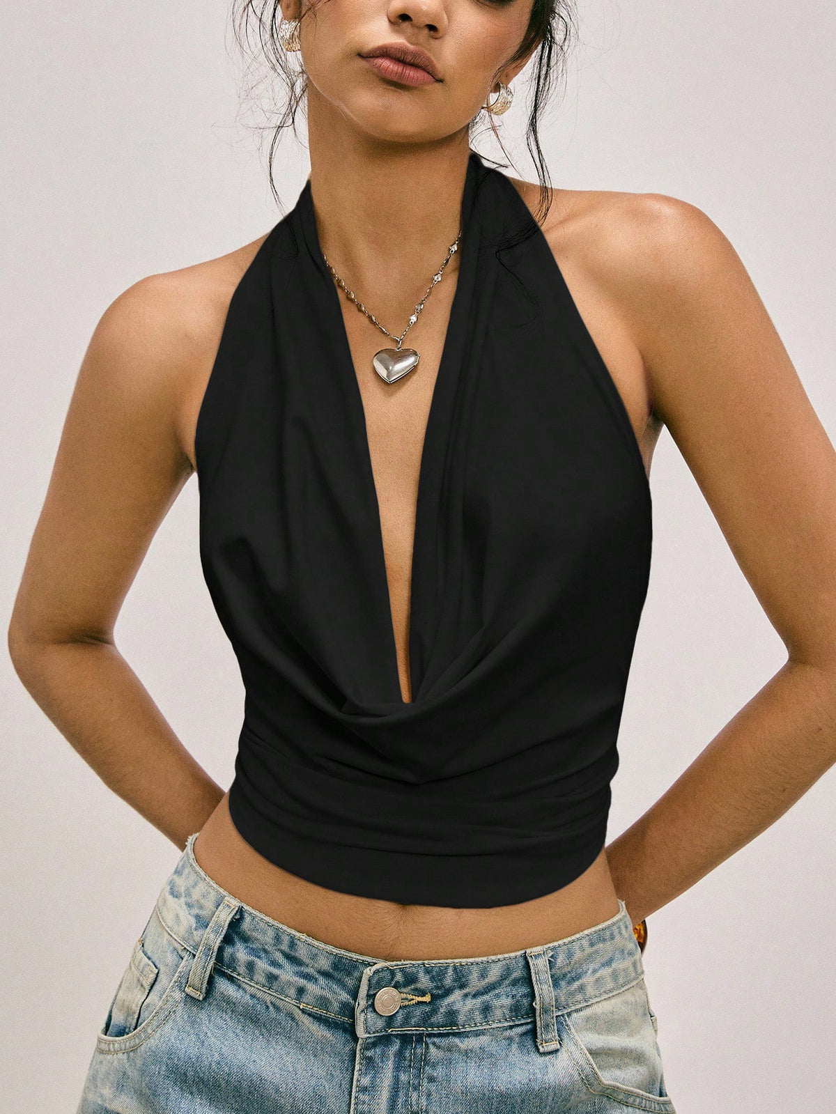 Easelle Black Knit Backless Halter Neck Camisole For Women, Suitable Music Festivals, Spring/Summer Shirts Tops Open Back Top