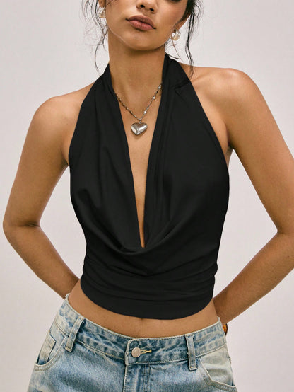 Easelle Black Knit Backless Halter Neck Camisole For Women, Suitable Music Festivals, Spring/Summer Shirts Tops Open Back Top