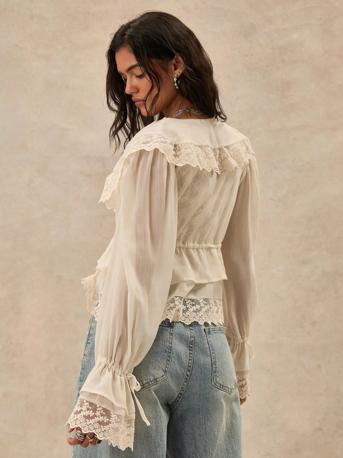 Easelle Bohemian Ruffled Collar Waist Lace Patchwork Women Blouse,Summer Top