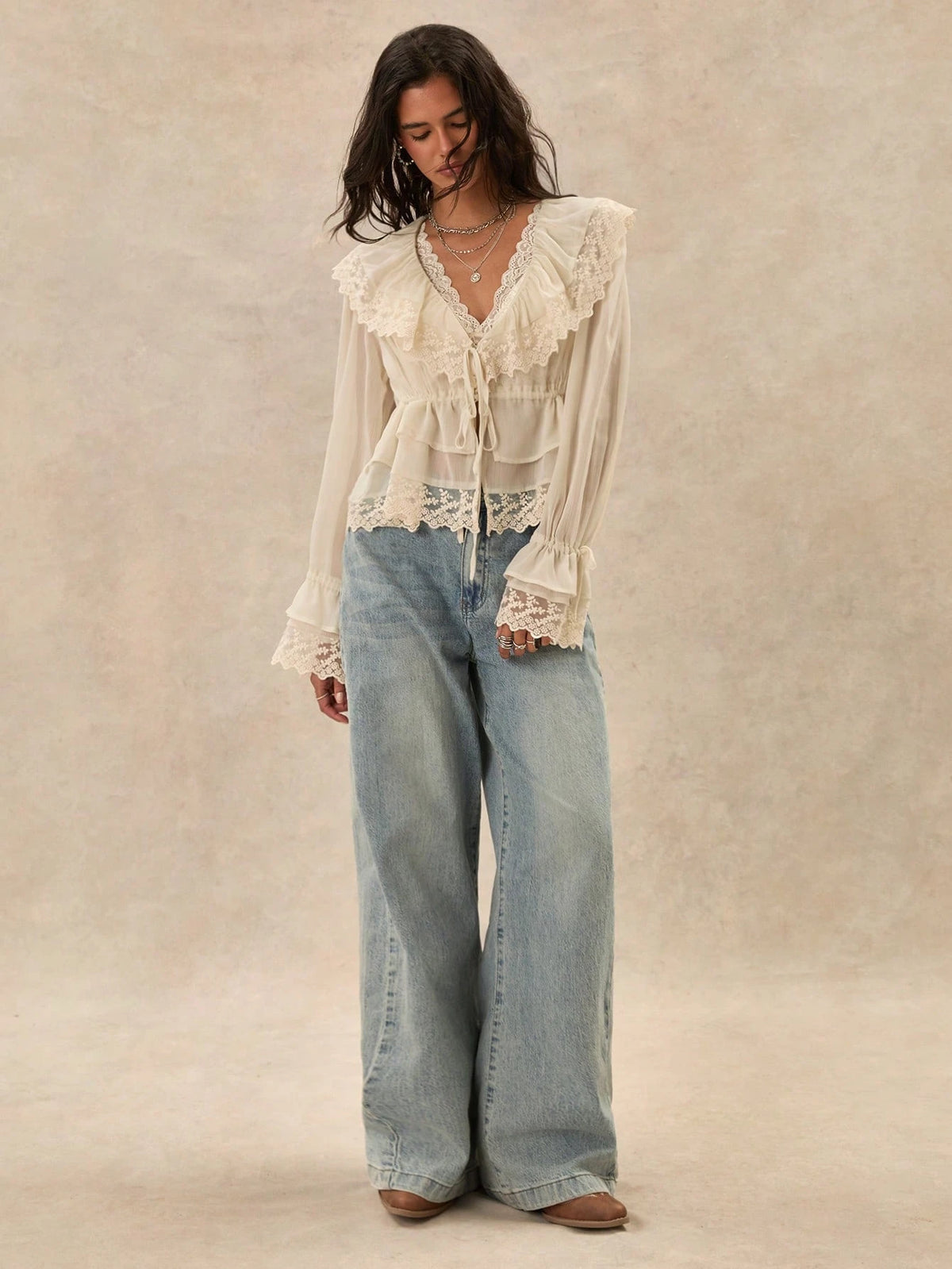 Easelle Bohemian Ruffled Collar Waist Lace Patchwork Women Blouse,Summer Top