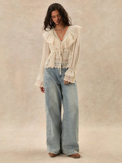 Easelle Bohemian Ruffled Collar Waist Lace Patchwork Women Blouse,Summer Top