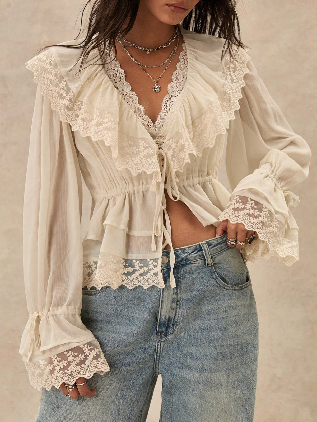 Easelle Bohemian Ruffled Collar Waist Lace Patchwork Women Blouse,Summer Top