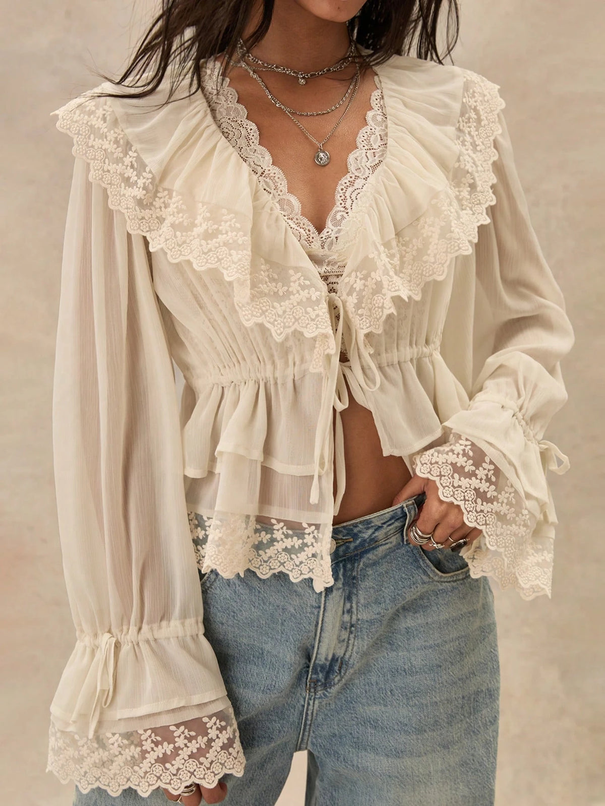 Easelle Bohemian Ruffled Collar Waist Lace Patchwork Women Blouse,Summer Top