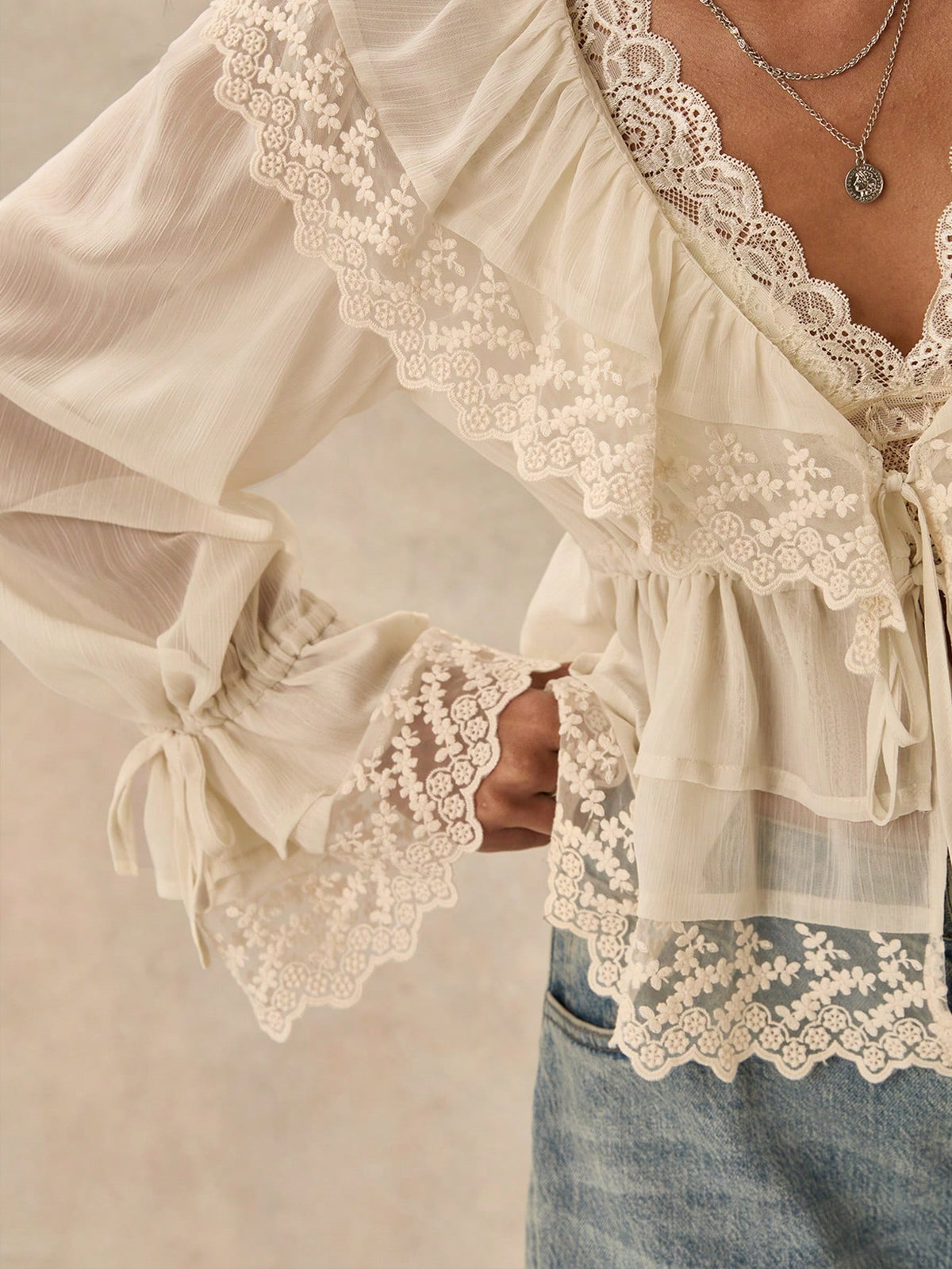 Easelle Bohemian Ruffled Collar Waist Lace Patchwork Women Blouse,Summer Top