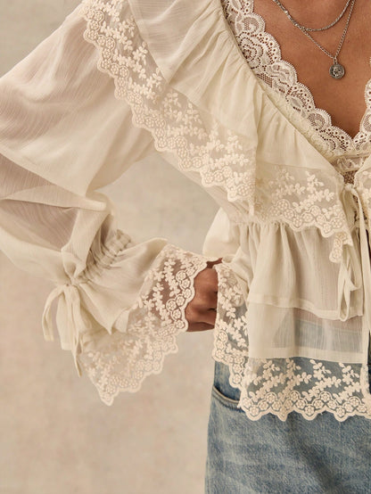 Easelle Bohemian Ruffled Collar Waist Lace Patchwork Women Blouse,Summer Top
