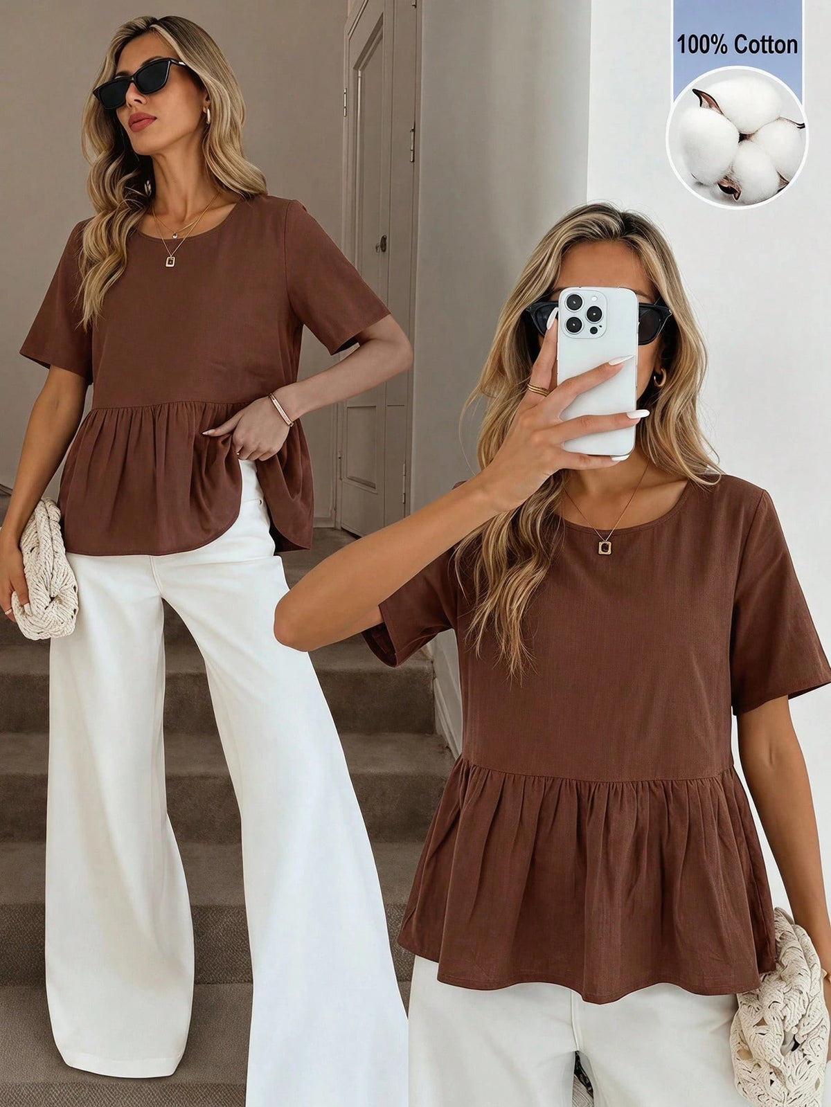 Easowa 100 Cotton Round Neck Ruched Ruffle Hem Short Sleeve Blouse, Casual Relaxed Elegant Commute Resort Style For Women, Summer Top Brunch Coffee Brown