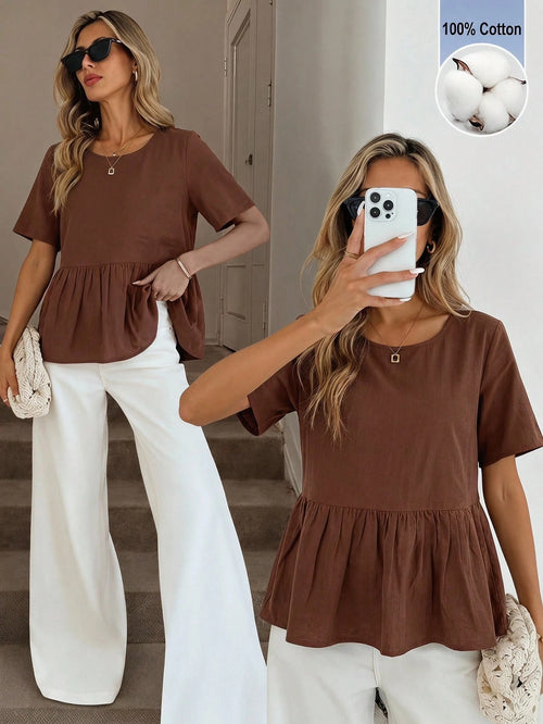 Easowa 100 Cotton Round Neck Ruched Ruffle Hem Short Sleeve Blouse, Casual Relaxed Elegant Commute Resort Style For Women, Summer Top Brunch Coffee Brown