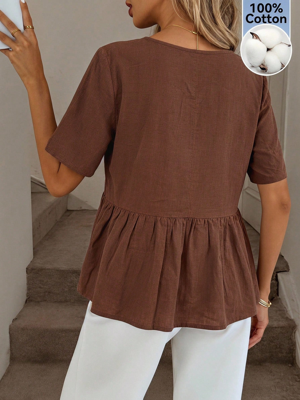 Easowa 100 Cotton Round Neck Ruched Ruffle Hem Short Sleeve Blouse, Casual Relaxed Elegant Commute Resort Style For Women, Summer Top Brunch Coffee Brown