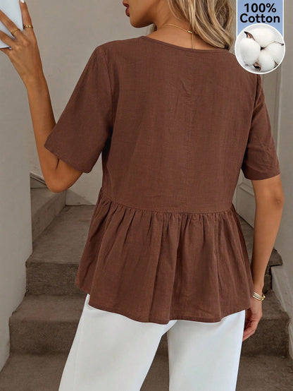 Easowa 100 Cotton Round Neck Ruched Ruffle Hem Short Sleeve Blouse, Casual Relaxed Elegant Commute Resort Style For Women, Summer Top Brunch Coffee Brown