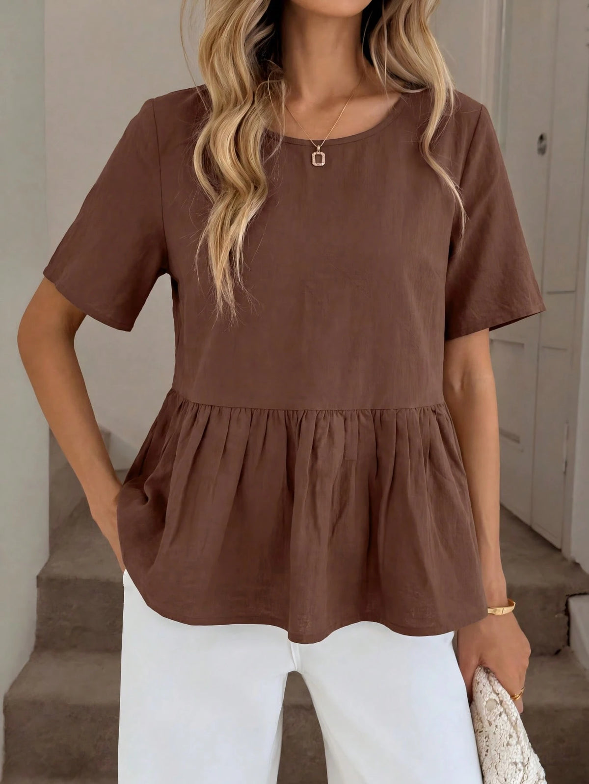 Easowa 100 Cotton Round Neck Ruched Ruffle Hem Short Sleeve Blouse, Casual Relaxed Elegant Commute Resort Style For Women, Summer Top Brunch Coffee Brown