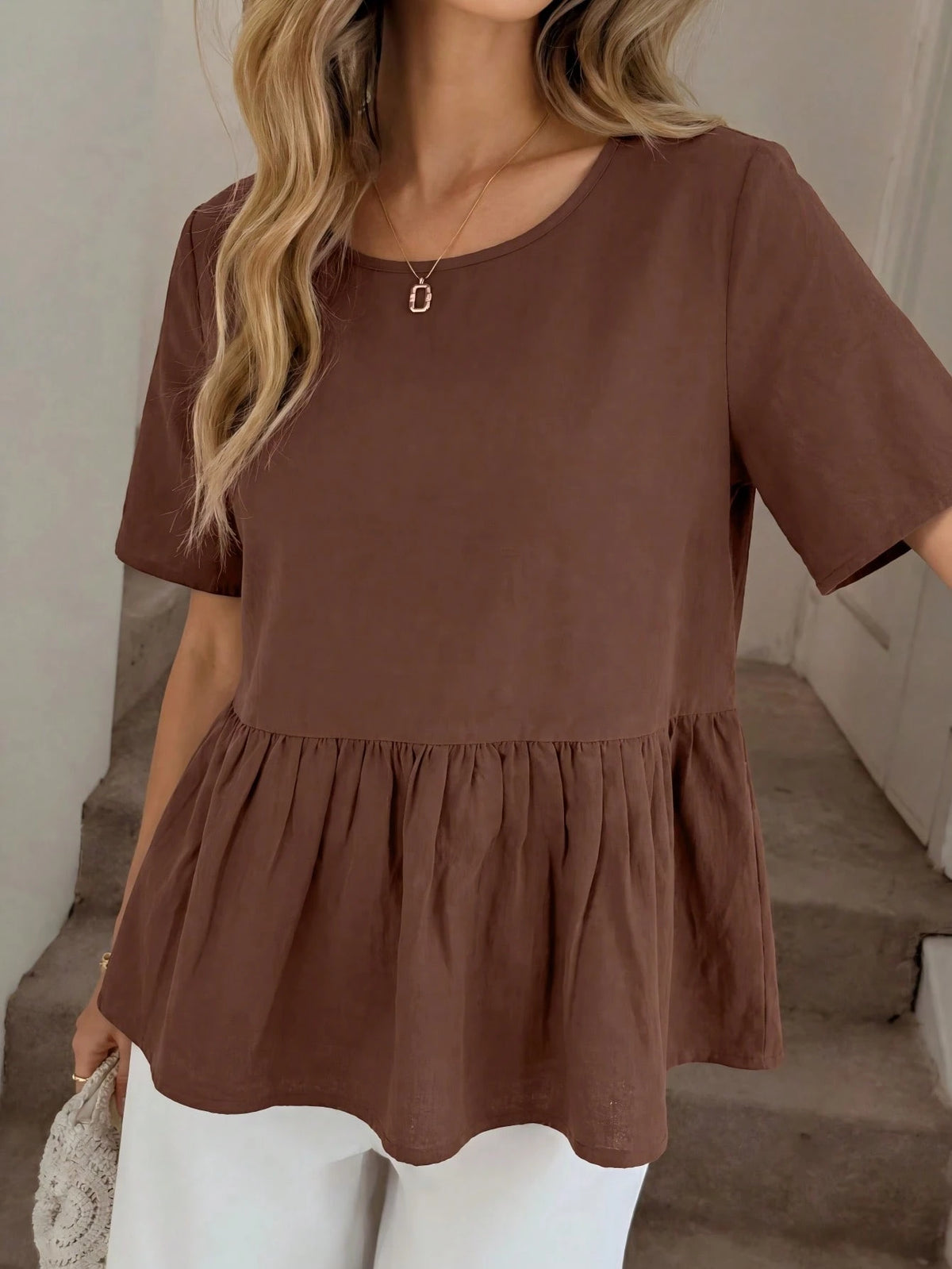 Easowa 100 Cotton Round Neck Ruched Ruffle Hem Short Sleeve Blouse, Casual Relaxed Elegant Commute Resort Style For Women, Summer Top Brunch Coffee Brown