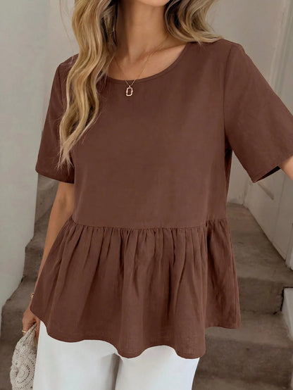 Easowa 100 Cotton Round Neck Ruched Ruffle Hem Short Sleeve Blouse, Casual Relaxed Elegant Commute Resort Style For Women, Summer Top Brunch Coffee Brown