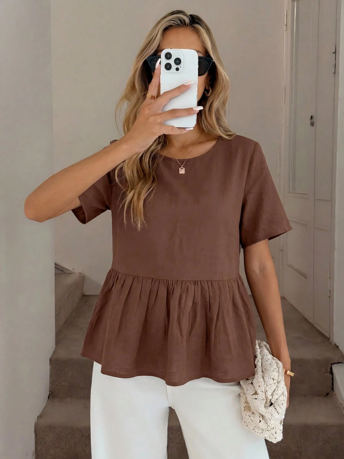 Easowa 100 Cotton Round Neck Ruched Ruffle Hem Short Sleeve Blouse, Casual Relaxed Elegant Commute Resort Style For Women, Summer Top Brunch Coffee Brown